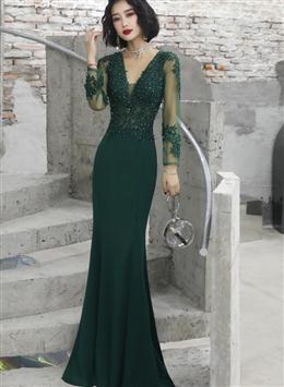 Picture of Dark Green Mermaid Spandex Long Evening Dresses with Lace, Long Sleeves Prom Dress